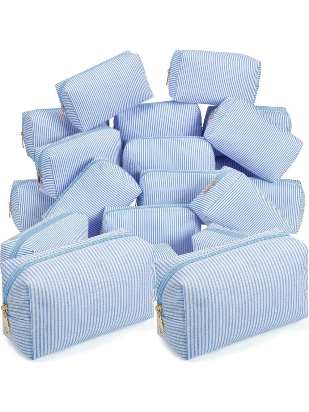 20 Pcs Light Blue Striped Seersucker Cosmetic Bags Set - Zippered Travel Pouches